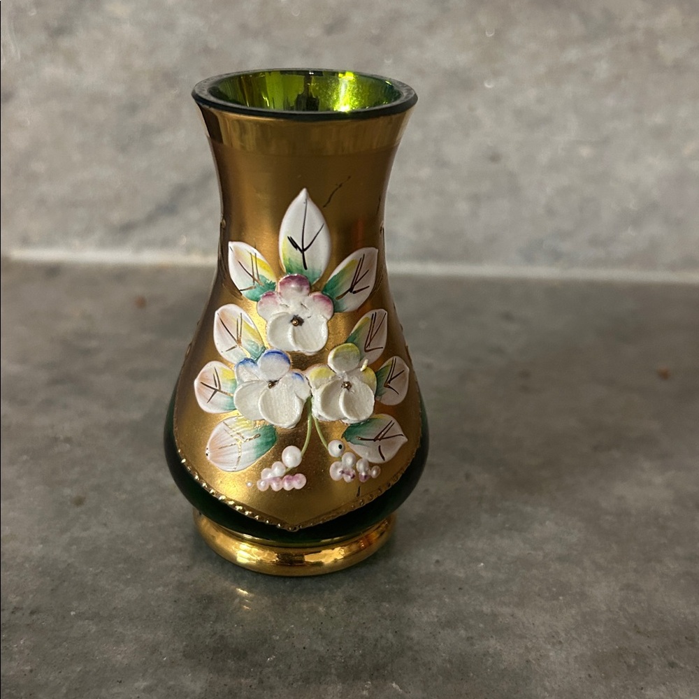 Bohemian Vintage Cobalt blue miniature glass vase, 24k gold enamel green